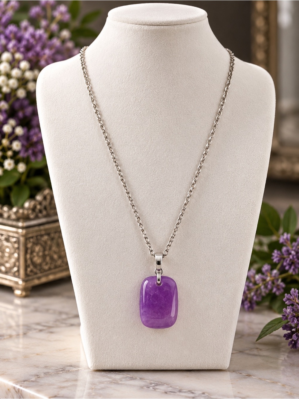 Amethyst Purple Stone Pendant Necklace Silver Tone Chain Classic Minimalist
